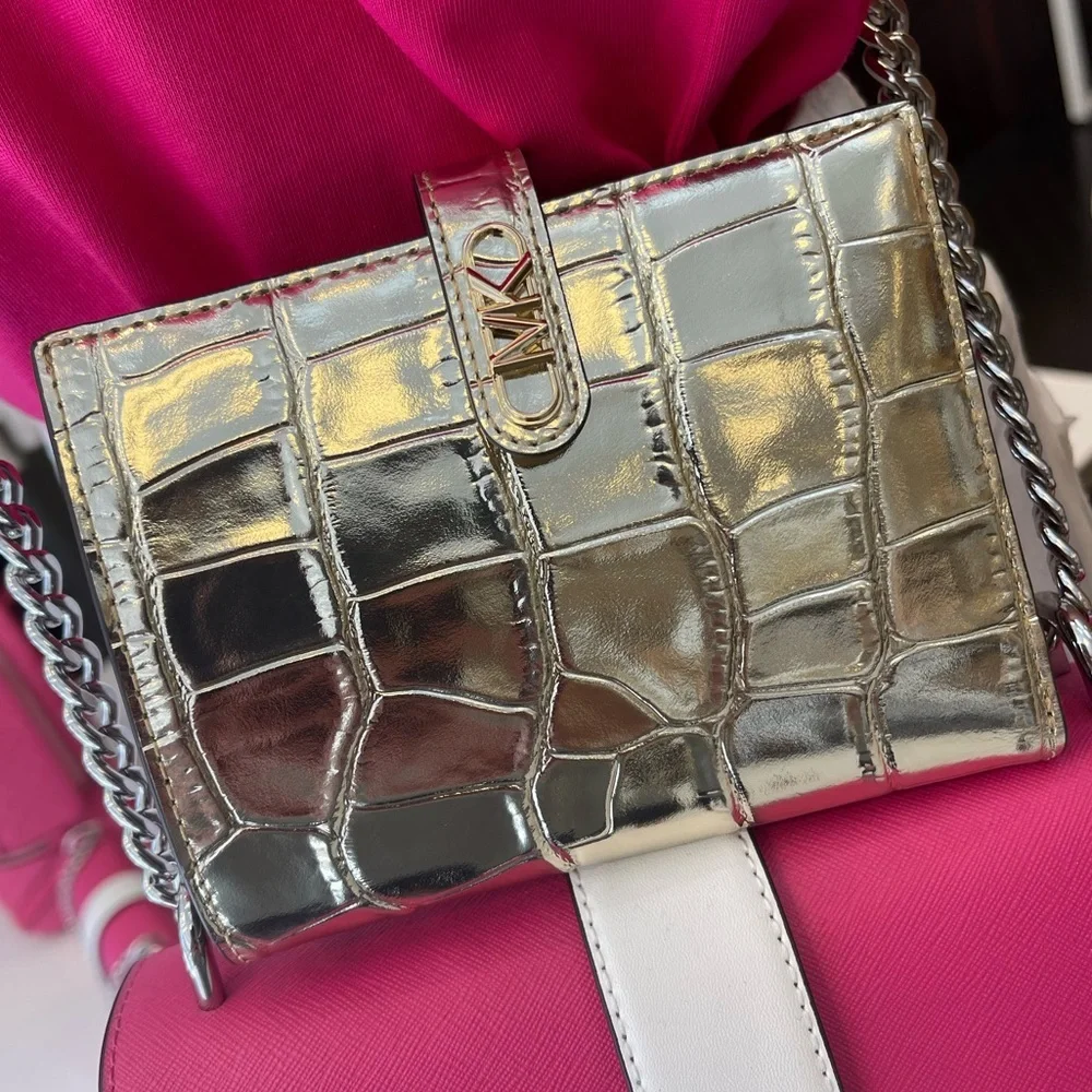 Michael Kors Empire Metallic Crocodile Embossed Leather Passport Wallet NWT